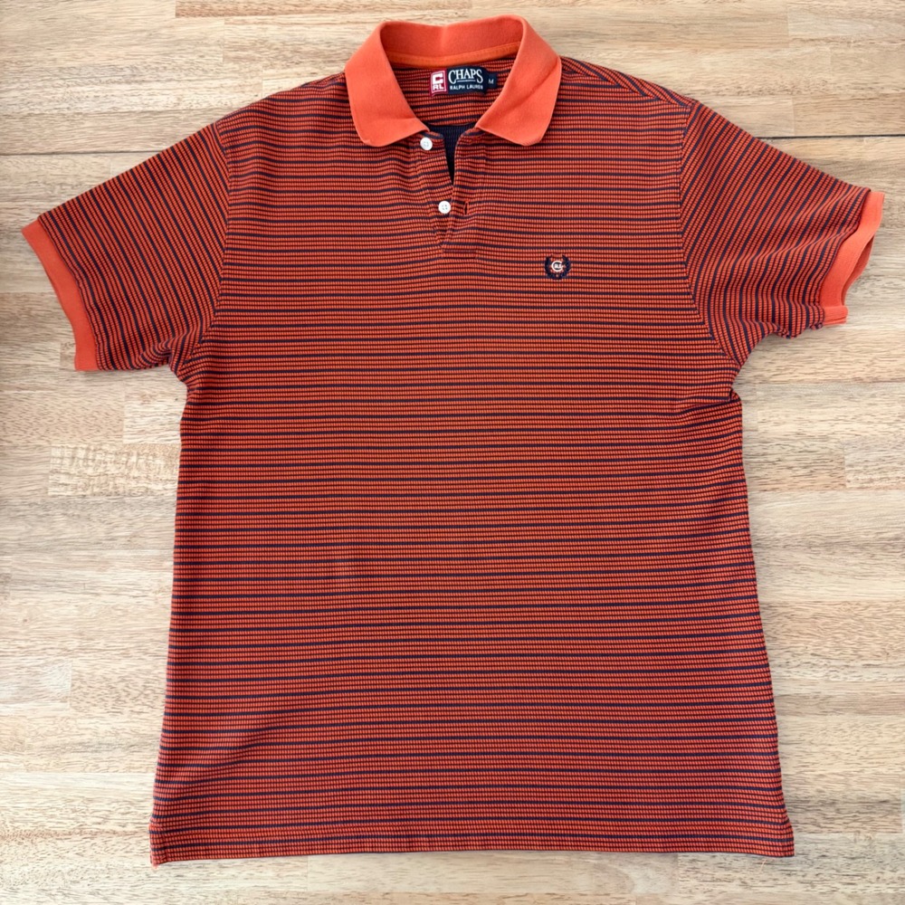 Chaps Ralph Lauren Mens Orange Navy Blue Striped Short Sleeve Polo Shirt Size M